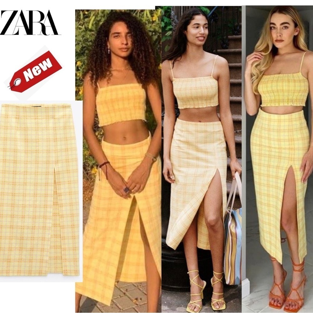 Zara NWT yellow Plaid Midi High Waisted Skirt Front Slit At Hem Sz XS bloggers